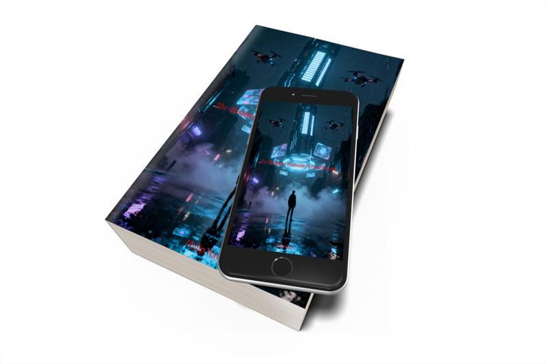K&ouml;nnte beinhalten: Ein Smartphone liegt auf einem Buch, beide zeigen eine futuristische Stadtlandschaft mit Drohnen. Der Bildschirm des Telefons zeigt eine einsame Figur in einer neonbeleuchteten Umgebung. Das Buchcover spiegelt die Szene wider.