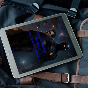May include: A silver Samsung tablet displaying a sci-fi image with the text "Quantum Shadows: The Rise of the Galactic Rebellion." The tablet rests on a black and brown leather bag, with a buckle and strap visible.