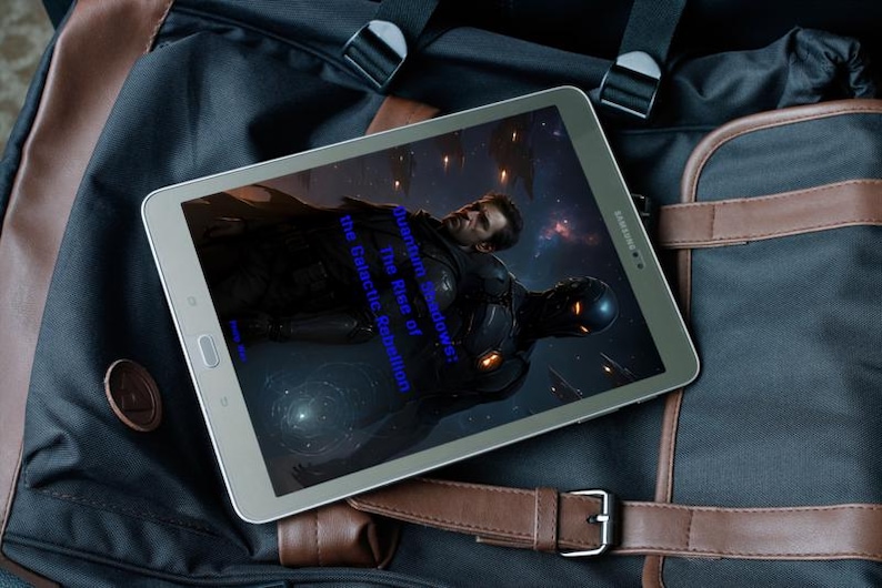 May include: A silver Samsung tablet displaying a sci-fi image with the text "Quantum Shadows: The Rise of the Galactic Rebellion." The tablet rests on a black and brown leather bag, with a buckle and strap visible.