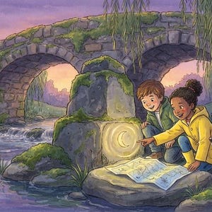 Puede incluir: Una ilustraci&oacute;n en acuarela de dos ni&ntilde;os y un perro basset hound cerca de un puente de piedra sobre un arroyo. Un ni&ntilde;o con impermeable amarillo se&ntilde;ala un s&iacute;mbolo de luna creciente brillante en una roca cubierta de musgo mientras sostiene un mapa.