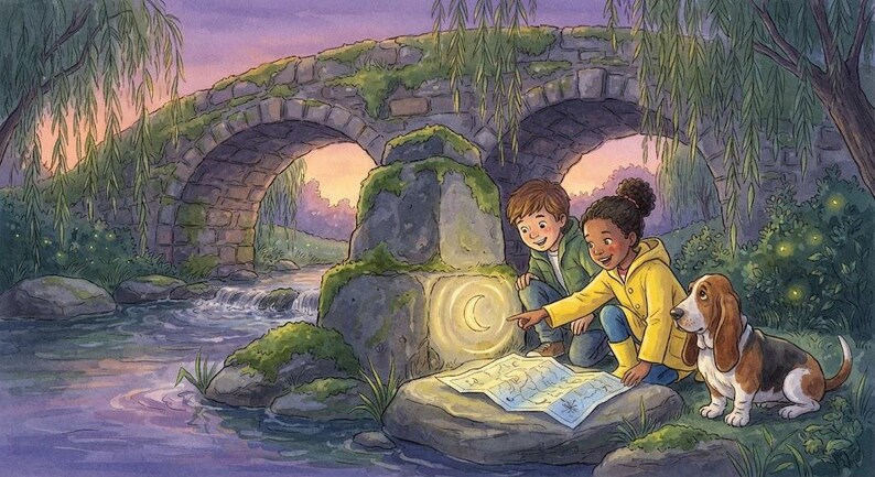 Puede incluir: Una ilustraci&oacute;n en acuarela de dos ni&ntilde;os y un perro basset hound cerca de un puente de piedra sobre un arroyo. Un ni&ntilde;o con impermeable amarillo se&ntilde;ala un s&iacute;mbolo de luna creciente brillante en una roca cubierta de musgo mientras sostiene un mapa.
