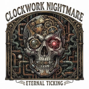 Pu&ograve; includere: Un'illustrazione grafica raffigurante un teschio meccanico con ingranaggi e tubi sullo sfondo. Il testo CLOCKWORK NIGHTMARE appare in alto e ETERNAL TICKING in basso. Il teschio ha un occhio rosso brillante e dettagli metallici.