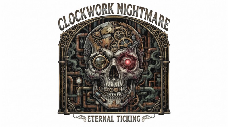 Pu&ograve; includere: Un'illustrazione grafica raffigurante un teschio meccanico con ingranaggi e tubi sullo sfondo. Il testo CLOCKWORK NIGHTMARE appare in alto e ETERNAL TICKING in basso. Il teschio ha un occhio rosso brillante e dettagli metallici.