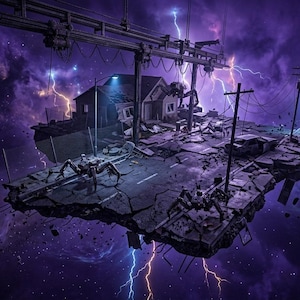 May include: A floating island of cracked asphalt and debris suspended in a purple nebula, featuring a damaged house, utility poles, a wrecked car, and several large, multi-legged mechanical spider creatures under a sky filled with lightning.