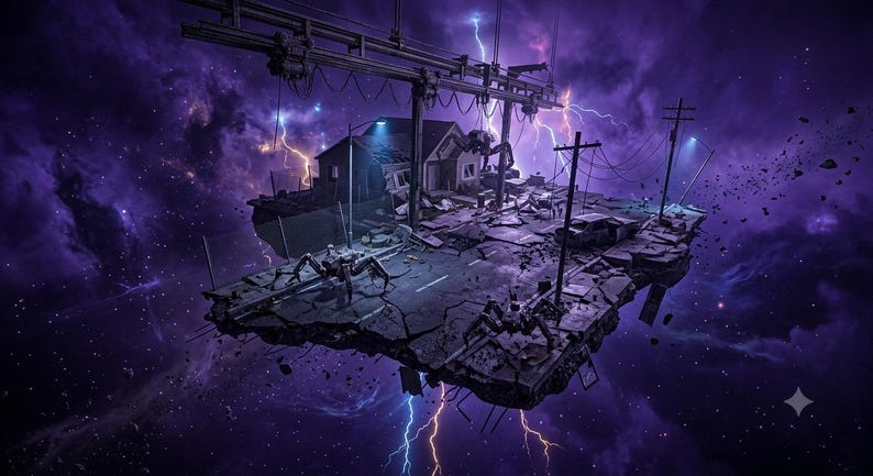 May include: A floating island of cracked asphalt and debris suspended in a purple nebula, featuring a damaged house, utility poles, a wrecked car, and several large, multi-legged mechanical spider creatures under a sky filled with lightning.