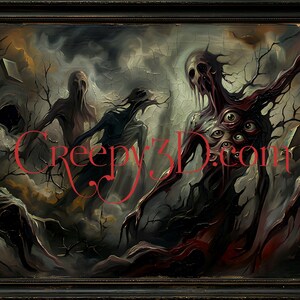 May include: A framed, dark, surreal painting featuring grotesque figures with multiple eyes and distorted forms. The artwork has a horror theme, with a cloudy background and the text "Creepy3D.com" in red.