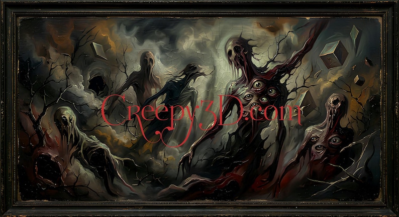 May include: A framed, dark, surreal painting featuring grotesque figures with multiple eyes and distorted forms. The artwork has a horror theme, with a cloudy background and the text "Creepy3D.com" in red.