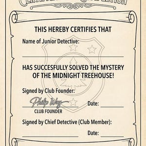 Puede incluir: Un certificado beige titulado Guardians of Whispering Woods Certificate of Completion con un borde de pergamino. Incluye campos para nombre, fecha y firmas, adem&aacute;s de una clave de cifrado en la parte inferior y el texto Print, Color, Sign, & Frame!