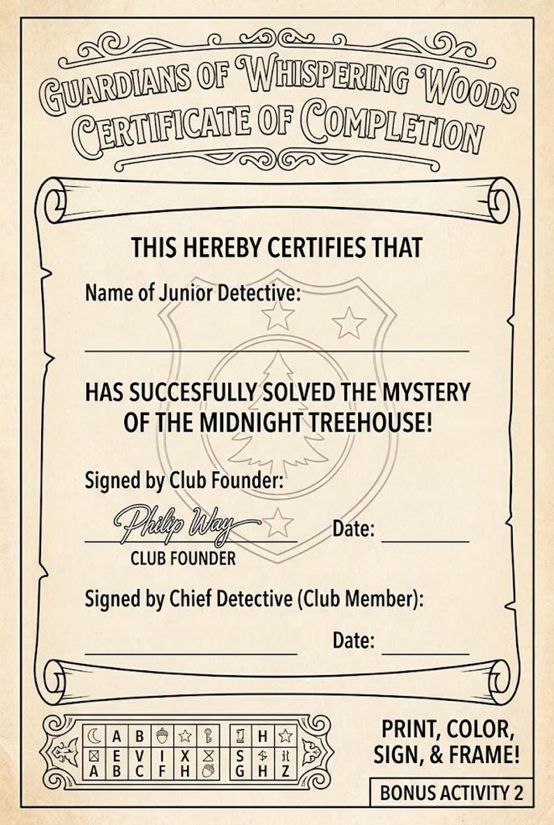 Puede incluir: Un certificado beige titulado Guardians of Whispering Woods Certificate of Completion con un borde de pergamino. Incluye campos para nombre, fecha y firmas, adem&aacute;s de una clave de cifrado en la parte inferior y el texto Print, Color, Sign, & Frame!