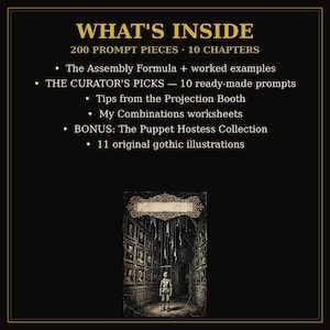 May include: A black informational graphic with gold text titled WHAT'S INSIDE, listing 200 PROMPT PIECES and 10 CHAPTERS. It details contents including The Assembly Formula, THE CURATOR'S PICKS, Tips from the Projection Booth, My Combinations worksheets, and a bonus Puppet Hostess Collection with 11 original gothic illustrations, featuring an image of a figure in a portrait-lined hall.