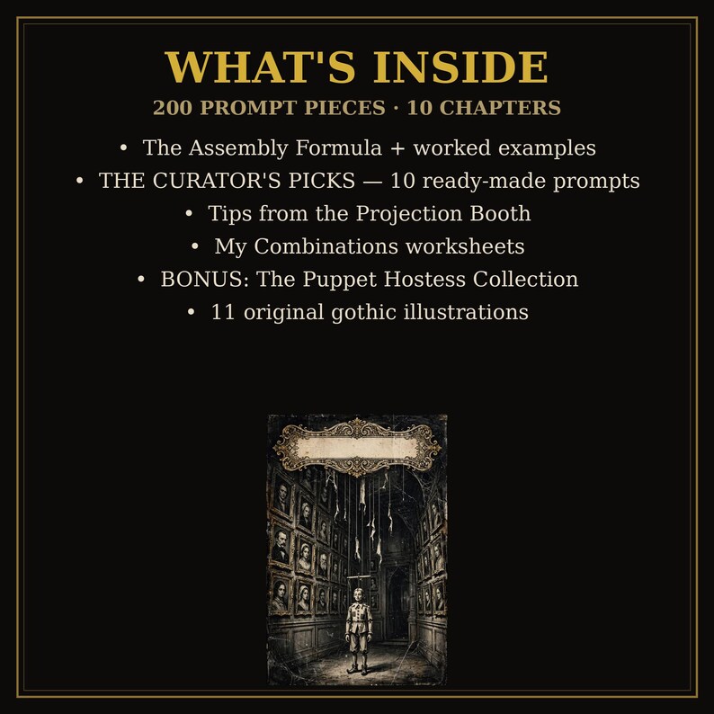 May include: A black informational graphic with gold text titled WHAT'S INSIDE, listing 200 PROMPT PIECES and 10 CHAPTERS. It details contents including The Assembly Formula, THE CURATOR'S PICKS, Tips from the Projection Booth, My Combinations worksheets, and a bonus Puppet Hostess Collection with 11 original gothic illustrations, featuring an image of a figure in a portrait-lined hall.