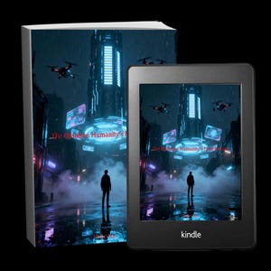 K&ouml;nnte beinhalten: Ein Buch und ein Kindle-E-Reader zeigen das gleiche Cover-Artwork einer futuristischen Stadt. Das Cover zeigt eine Person als Silhouette vor einer hoch aufragenden Struktur, Drohnen und Neonlichtern. Der Buchtitel lautet "The Complete Humanity's Fall".