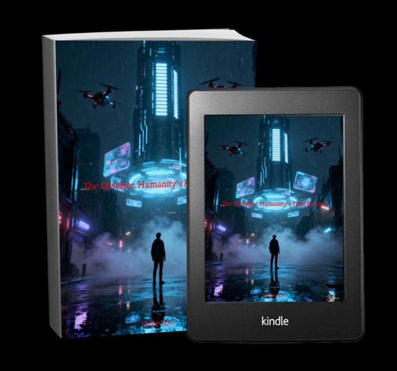 K&ouml;nnte beinhalten: Ein Buch und ein Kindle-E-Reader zeigen das gleiche Cover-Artwork einer futuristischen Stadt. Das Cover zeigt eine Person als Silhouette vor einer hoch aufragenden Struktur, Drohnen und Neonlichtern. Der Buchtitel lautet "The Complete Humanity's Fall".
