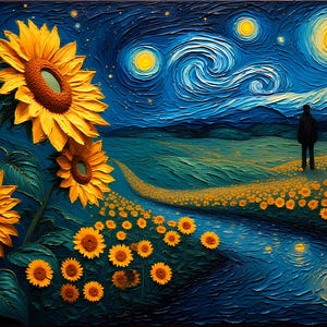 Op de afbeelding: Een impressionistisch schilderij van zonnebloemen onder een sterrenhemel. Het kunstwerk toont levendige gele zonnebloemen, een donkerblauwe lucht met wervelende patronen en een figuur die in een bloemenveld staat. De stijl doet denken aan het werk van Van Gogh.