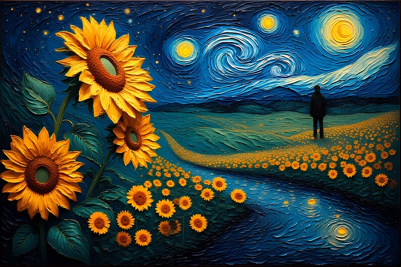 Op de afbeelding: Een impressionistisch schilderij van zonnebloemen onder een sterrenhemel. Het kunstwerk toont levendige gele zonnebloemen, een donkerblauwe lucht met wervelende patronen en een figuur die in een bloemenveld staat. De stijl doet denken aan het werk van Van Gogh.