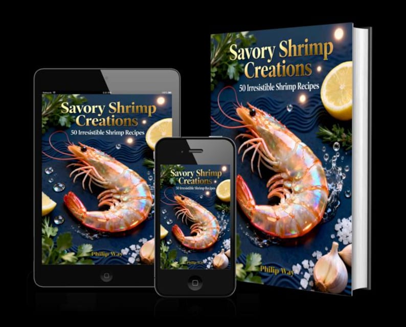 May include: A cookbook titled "Savory Shrimp Creations" with the subtitle "50 Irresistible Shrimp Recipes" is displayed on a tablet, smartphone, and a hardcover book. The cover features a large cooked shrimp, lemon slices, and garlic cloves against a dark blue background.