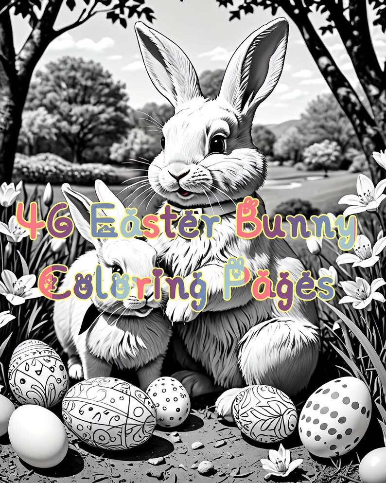 May include: Black and white illustration of two Easter bunnies with a basket of eggs. The text "46 Easter Bunny Coloring Pages" is written in colourful letters across the top of the image.