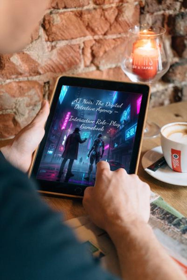 以下が含まれることがあります： 「AI Noir: The Digital Detective Agency - Interactive Role-Play Gamebook」の表紙が表示されたタブレット。未来的なシーンに2人の人物が描かれています。ろうそくの火とコーヒーカップも写っています。