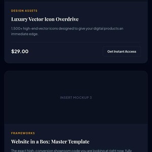 May include: A digital product interface featuring two dark-themed cards. The top card displays 'DESIGN ASSETS' and 'Luxury Vector Icon Overdrive' with the text '1,500+ high-end vector icons'. The bottom card shows 'FRAMEWORKS' and 'Website in a Box: Master Template'.