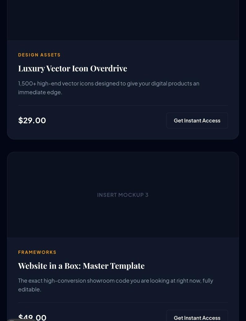 May include: A digital product interface featuring two dark-themed cards. The top card displays 'DESIGN ASSETS' and 'Luxury Vector Icon Overdrive' with the text '1,500+ high-end vector icons'. The bottom card shows 'FRAMEWORKS' and 'Website in a Box: Master Template'.