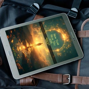 Może przedstawiać: Srebrny tablet Samsung wyświetlający obraz zachodu słońca z tekstem "NEW YEAR NEW YOU 2026 Whole-Life Reboot" i "THE WAY". Tablet leży na czarno-brązowym plecaku ze sk&oacute;rzanym paskiem.