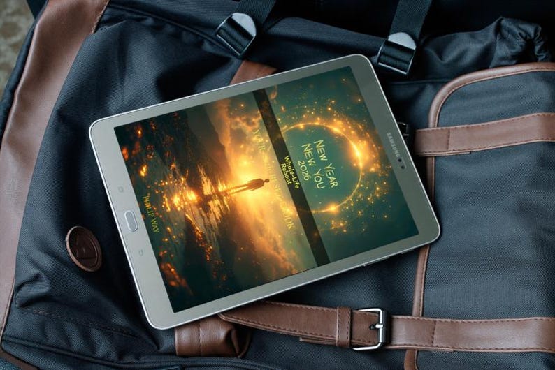 Może przedstawiać: Srebrny tablet Samsung wyświetlający obraz zachodu słońca z tekstem "NEW YEAR NEW YOU 2026 Whole-Life Reboot" i "THE WAY". Tablet leży na czarno-brązowym plecaku ze sk&oacute;rzanym paskiem.