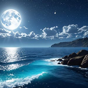 May include: A full moon shines brightly over a dark blue ocean with a rocky coastline. The sky is filled with stars and clouds.