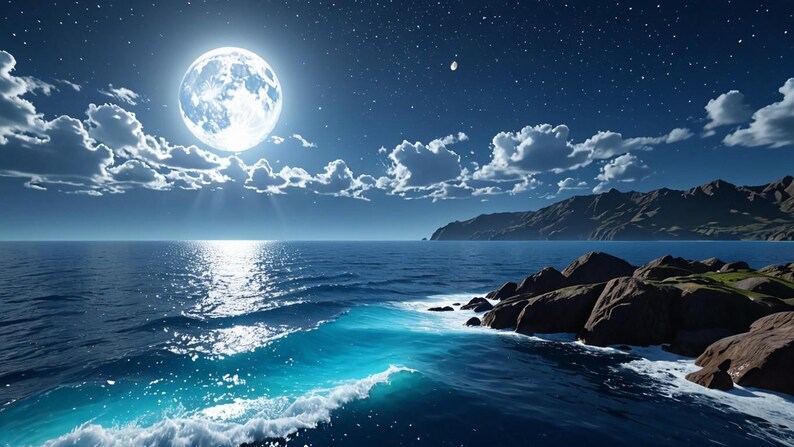 May include: A full moon shines brightly over a dark blue ocean with a rocky coastline. The sky is filled with stars and clouds.