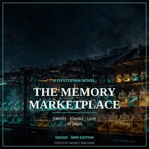 K&ouml;nnte beinhalten: Ein digitales Buchcover mit dem Titel A DYSTOPIAN NOVEL THE MEMORY MARKETPLACE und den Untertiteln Identity, Control, Love, 48 pages, EBOOK MRR EDITION sowie COPYCAT MONEY MACHINE, das Reihen leuchtender Gl&auml;ser in einer dunklen Umgebung zeigt.