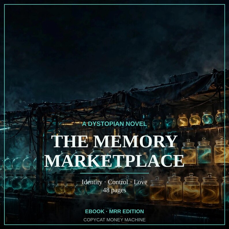 K&ouml;nnte beinhalten: Ein digitales Buchcover mit dem Titel A DYSTOPIAN NOVEL THE MEMORY MARKETPLACE und den Untertiteln Identity, Control, Love, 48 pages, EBOOK MRR EDITION sowie COPYCAT MONEY MACHINE, das Reihen leuchtender Gl&auml;ser in einer dunklen Umgebung zeigt.