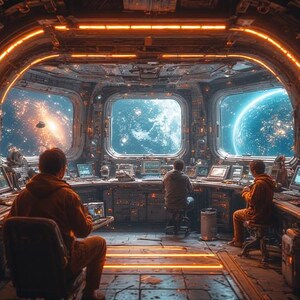 Op de afbeelding: Interieur van een ruimteschip controlekamer met drie mensen op werkstations. De kamer heeft een futuristisch ontwerp met oranje lichten en grote ramen met uitzicht op de ruimte en planeten.