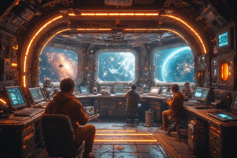 Op de afbeelding: Interieur van een ruimteschip controlekamer met drie mensen op werkstations. De kamer heeft een futuristisch ontwerp met oranje lichten en grote ramen met uitzicht op de ruimte en planeten.