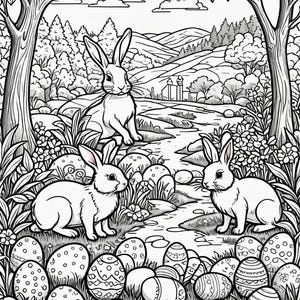 May include: A black and white illustration of three rabbits in a woodland setting with a stream running through it. The rabbits are surrounded by a variety of Easter eggs with intricate designs.