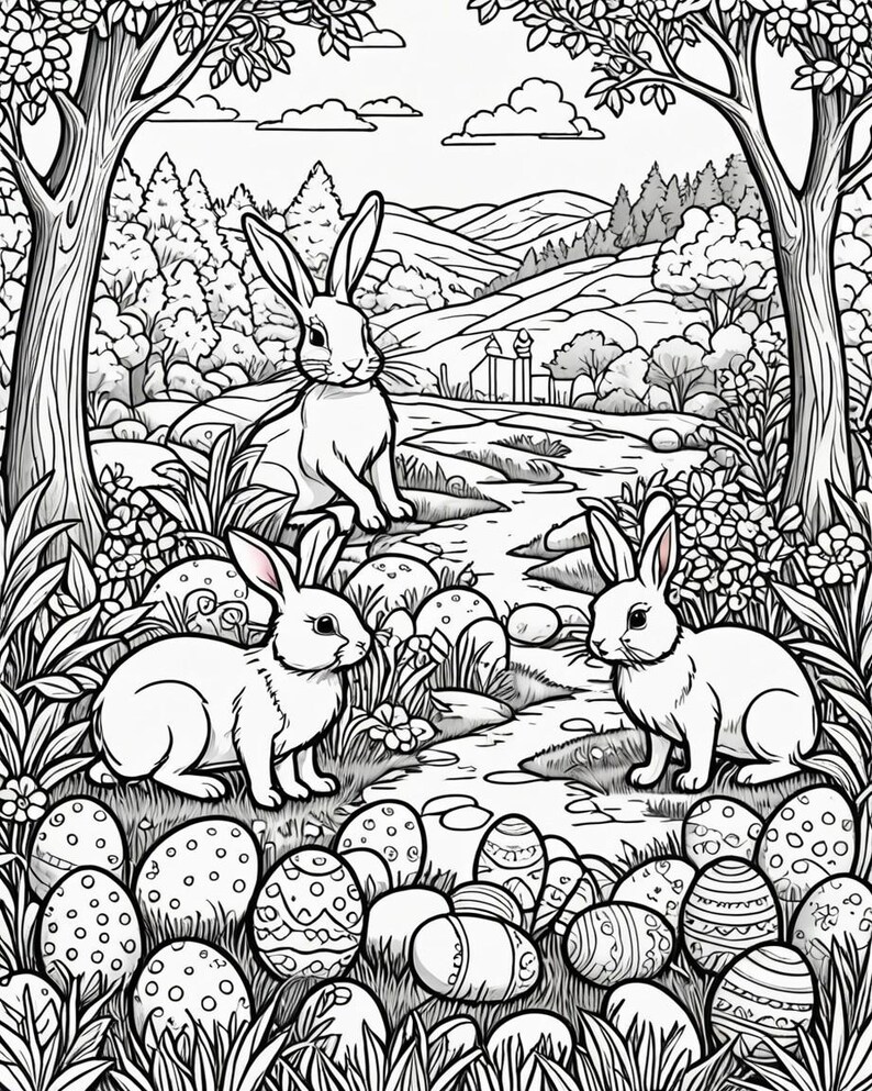 May include: A black and white illustration of three rabbits in a woodland setting with a stream running through it. The rabbits are surrounded by a variety of Easter eggs with intricate designs.