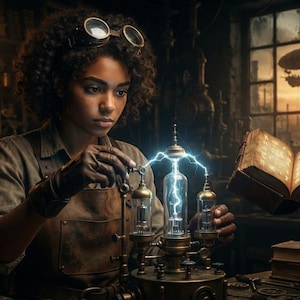 Peut inclure: Une personne aux cheveux boucl&eacute;s portant des lunettes sur le front manipule un appareil &eacute;lectrique en laiton produisant des &eacute;tincelles bleues. Un livre ouvert aux pages lumineuses flotte dans les airs pr&egrave;s d'un renard m&eacute;canique sur une &eacute;tag&egrave;re.