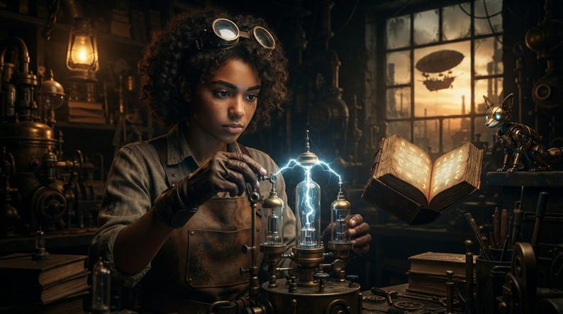 Peut inclure: Une personne aux cheveux boucl&eacute;s portant des lunettes sur le front manipule un appareil &eacute;lectrique en laiton produisant des &eacute;tincelles bleues. Un livre ouvert aux pages lumineuses flotte dans les airs pr&egrave;s d'un renard m&eacute;canique sur une &eacute;tag&egrave;re.