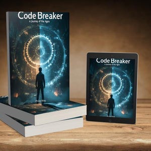 May include: Stacked books and a tablet display the cover art for "Code Breaker: A Journey of the Ages." The cover features a silhouetted figure against a backdrop of a glowing, intricate design split between blue and orange.