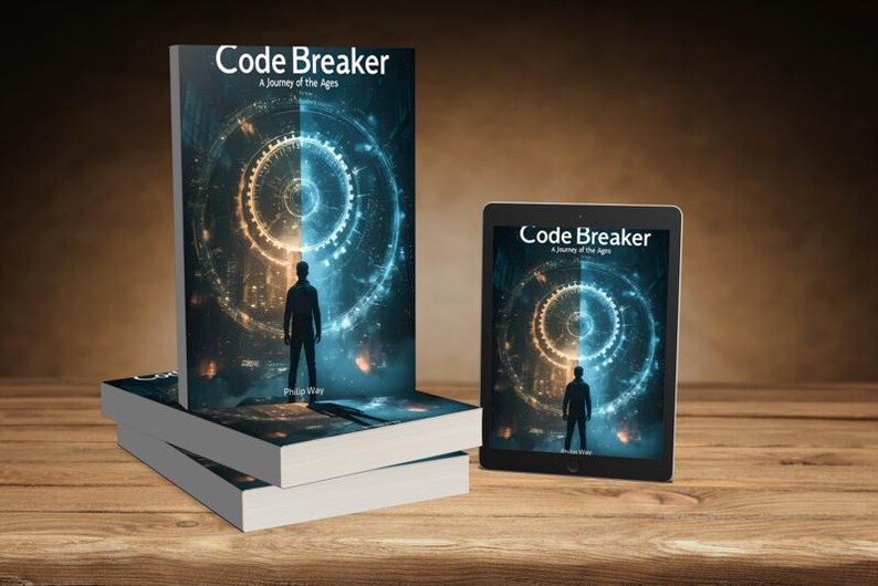 May include: Stacked books and a tablet display the cover art for "Code Breaker: A Journey of the Ages." The cover features a silhouetted figure against a backdrop of a glowing, intricate design split between blue and orange.