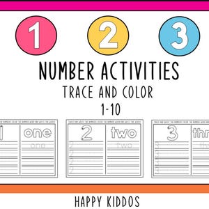 May include: A printable worksheet for kids to practice tracing and coloring numbers 1 through 10. The worksheet includes the number, the word for the number, and lines to trace the number and word.