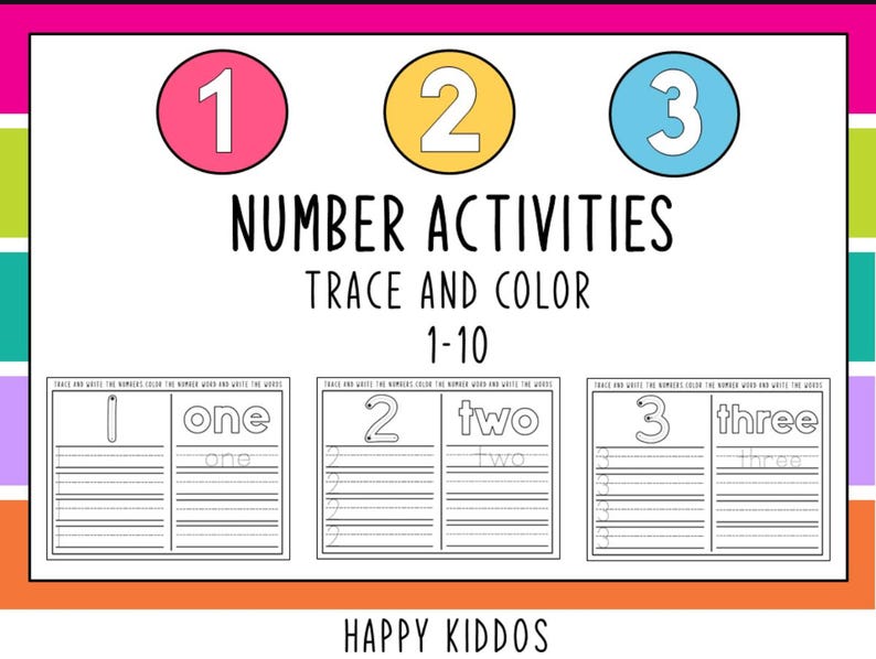 May include: A printable worksheet for kids to practice tracing and coloring numbers 1 through 10. The worksheet includes the number, the word for the number, and lines to trace the number and word.