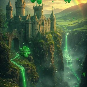 Puede incluir: Ilustraci&oacute;n digital de un castillo en un acantilado con un arco&iacute;ris encima. El castillo est&aacute; rodeado de follaje verde y cascadas. Grandes tr&eacute;boles est&aacute;n dispersos por la escena, evocando el tema del D&iacute;a de San Patricio.