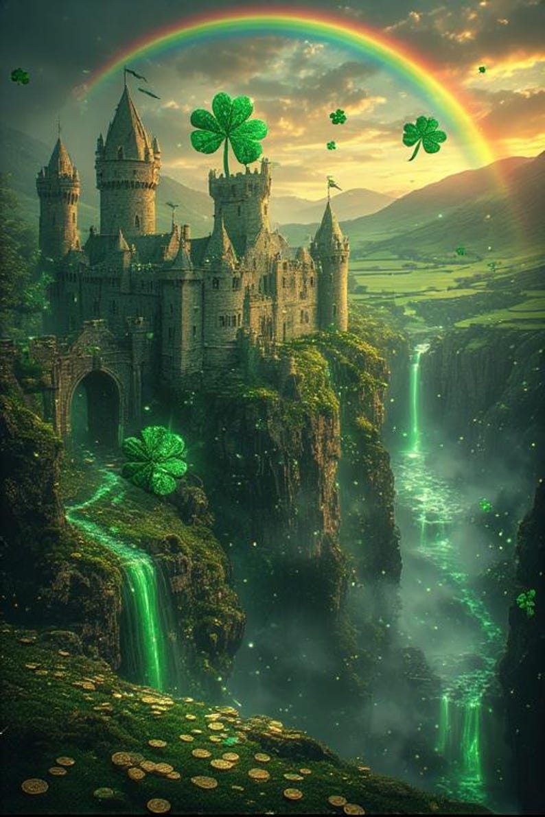 Puede incluir: Ilustraci&oacute;n digital de un castillo en un acantilado con un arco&iacute;ris encima. El castillo est&aacute; rodeado de follaje verde y cascadas. Grandes tr&eacute;boles est&aacute;n dispersos por la escena, evocando el tema del D&iacute;a de San Patricio.