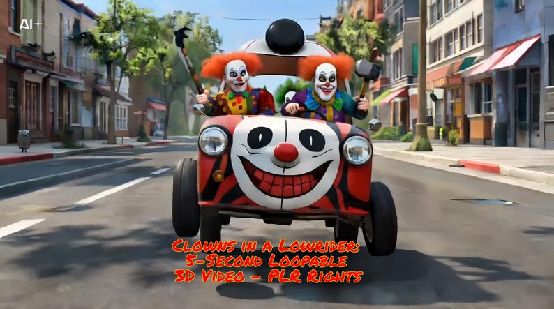Op de afbeelding: Een rood-witte clownauto met een lachend gezichtsontwerp, bestuurd door twee clowns met oranje pruiken en kleurrijke outfits. De afbeelding bevat de tekst "CLOWNS IN A LOWRIDER 5-SECOND LOOPABLE 3D VIDEO - PLR RIGHTS".