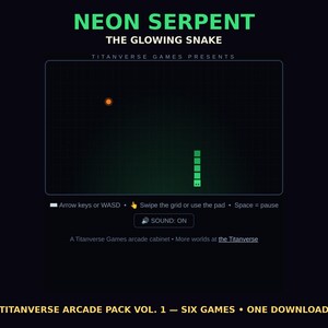 May include: A digital game interface titled NEON SERPENT THE GLOWING SNAKE by Titanverse Games. The screen displays a grid with a green snake and an orange dot. Controls include Arrow keys, WASD, swipe, pad, and space to pause. Sound is on.