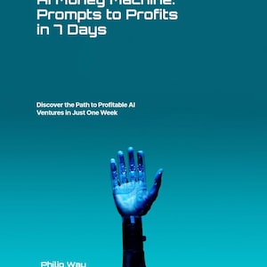 May include: A teal book cover with the title "AI Money Machine: Prompts to Profits in 7 Days." Below, it reads "Discover the Path to Profitable AI Ventures in Just One Week." A robotic hand reaches upward. Author: Philip Way.