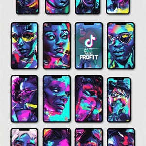May include: A collection of smartphones displaying colorful, stylized portraits. The screens feature vibrant artwork in shades of blue, purple, and pink, with some phones showcasing the TikTok logo and the word "PROFIT".