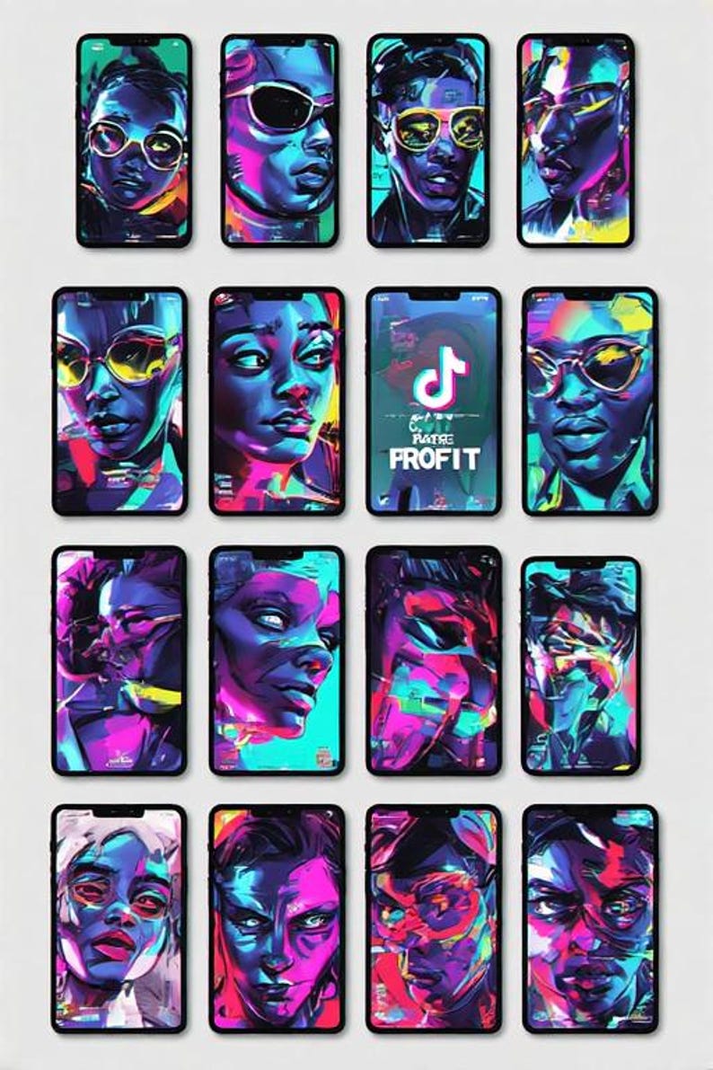 May include: A collection of smartphones displaying colorful, stylized portraits. The screens feature vibrant artwork in shades of blue, purple, and pink, with some phones showcasing the TikTok logo and the word "PROFIT".