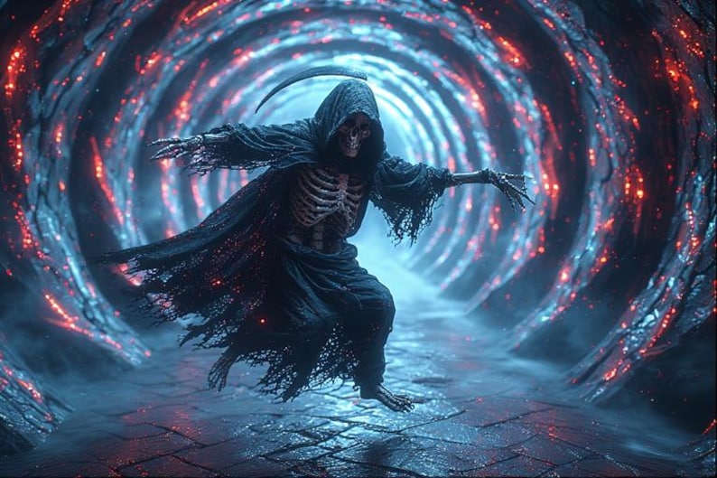 Puede incluir: Ilustraci&oacute;n digital de la Parca, una figura esquel&eacute;tica con una capa negra con capucha y una guada&ntilde;a. El fondo presenta un t&uacute;nel brillante con tonos rojos y azules, creando una atm&oacute;sfera dram&aacute;tica y ominosa.