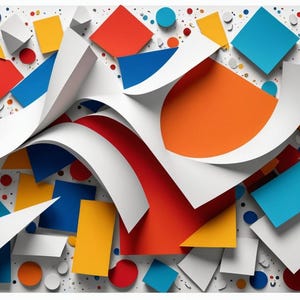 May include: Abstract art print featuring a colorful geometric design with overlapping shapes in red, blue, orange, yellow, and white. The shapes are arranged in a dynamic and playful way, creating a sense of movement and energy.