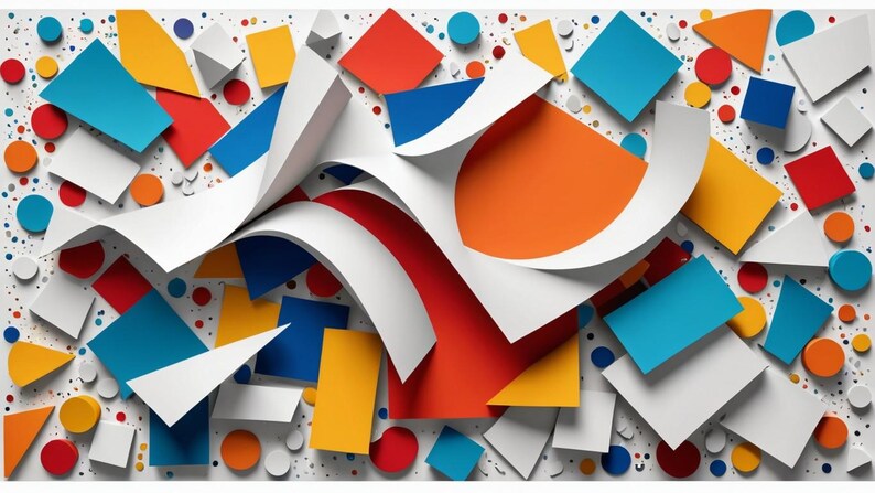 May include: Abstract art print featuring a colorful geometric design with overlapping shapes in red, blue, orange, yellow, and white. The shapes are arranged in a dynamic and playful way, creating a sense of movement and energy.